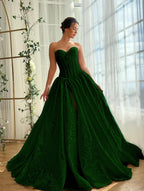 Satin V-Neck Strapless Sleeveless Long A-Line Prom Dress With Split And Pleated YK0614