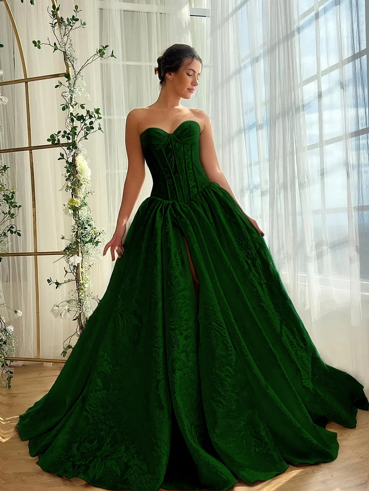 Satin V-Neck Strapless Sleeveless Long A-Line Prom Dress With Split And Pleated YK0614