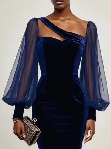 Purplish Blue Mesh Balloon Sleeve Sheath Midi Velvet Dress