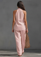 Casual Urban Style White Linen V-neck Sleeveless Top And Wide Leg Pants Set