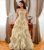 Tulle V-Neck Spaghetti Straps Strapless Sleeveless Long A-Line Prom Dress With Beadings And Pleated YK0761