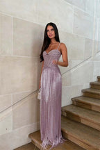 Cocoslly Spaghetti Straps Sleeveless High Waist Long Prom Dress With Tassel And Rhinstone | Champage Chiffon WQ0759