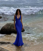 Cocoslly V-Neck Sleeveless High Waist Long Mermaid Prom Dress With Lace | Black Satin LX0099