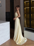 Cocoslly Spaghetti Straps V-Neck Sleeveless High Waist Long Prom Dress | Daffodil Satin CO0127