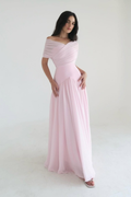 Chiffon Off the Shoulder Sleeveless Long Prom Dress With Pleated WQ0385