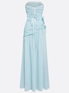 Blue Ruched 3D Floral Chiffon Strapless Sleeveless A-Line Floor-length Gown Dress