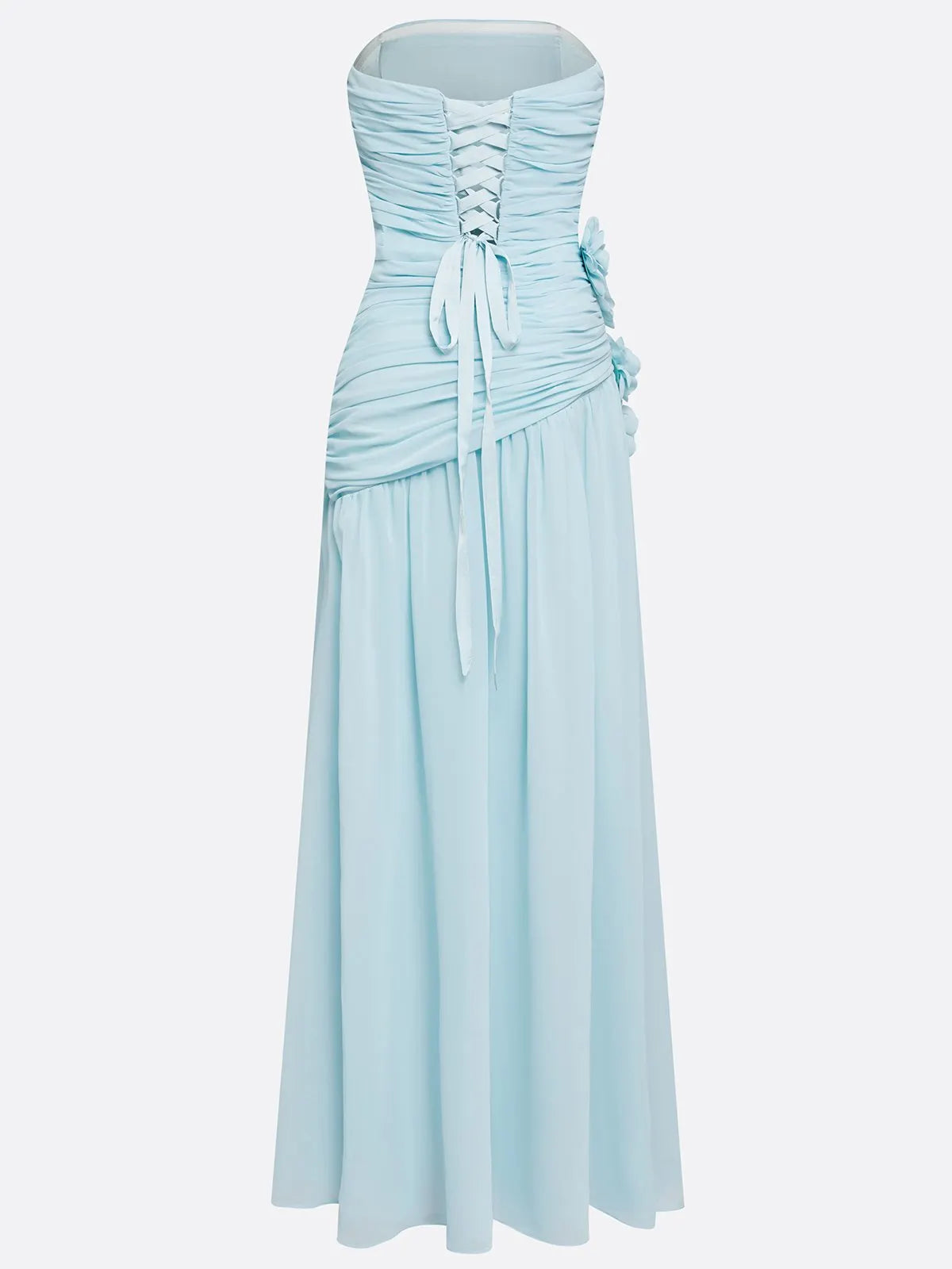 Blue Ruched 3D Floral Chiffon Strapless Sleeveless A-Line Floor-length Gown Dress