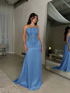 Satin Strapless Sleeveless Long Pleated Mermaid Prom Dress With Flowers And Sequins YK0636