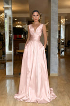 Straps Sleeveless High Waist Long Prom Dress With Pockets Pleated MS0387