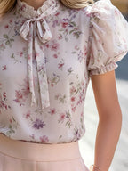 Floral Puff Sleeve Tie-Neck Chiffon Blouse