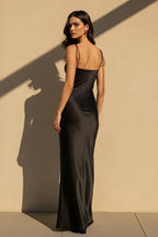 Cocoslly Spaghetti Straps Sleeveless High Waist Long Mermaid Prom Dress | Black Satin NW0254