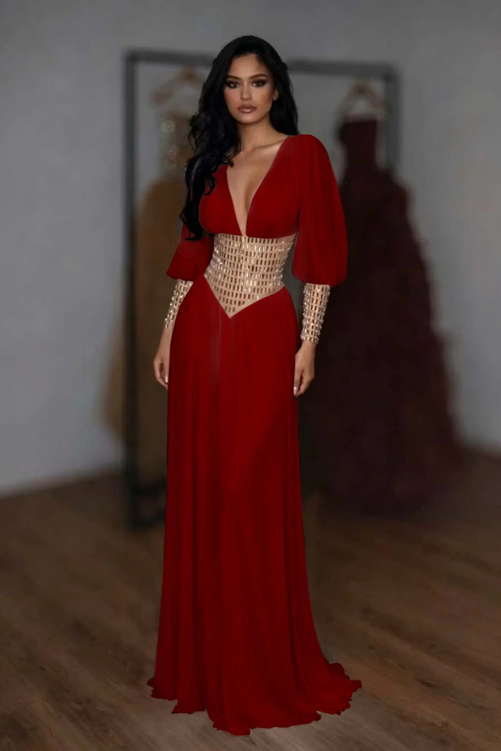 Cocoslly V-Neck Long Sleeves High Waist Long Prom Dress With Rhinstone | White Chiffon LR0373