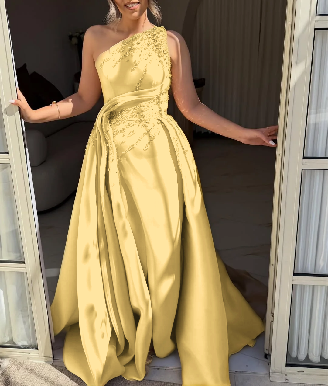 Asymmetric Strapless Sleeveless Long A-Line Prom Dress With Pleated And Beadings YK0692