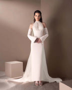 Spandex And Tulle High Neck Strapless Long Sleeves Long Mermaid Prom Dress With Ruffles And Beadings YK0748