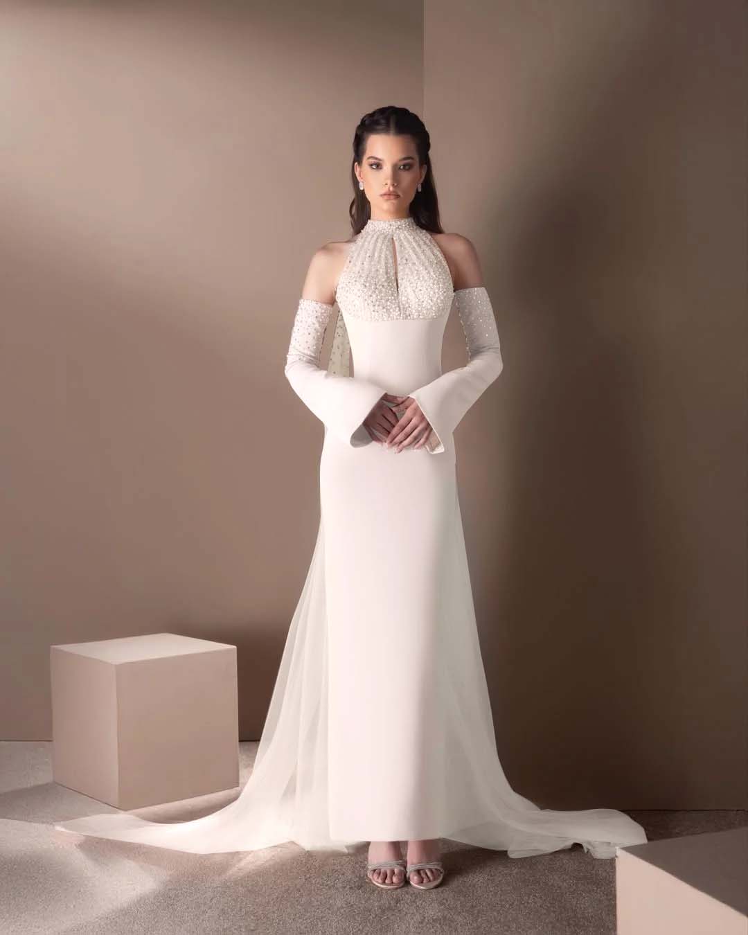 Spandex And Tulle High Neck Strapless Long Sleeves Long Mermaid Prom Dress With Ruffles And Beadings YK0748