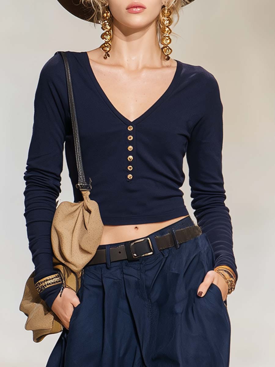 Retro Casual Navy V-Neck Henley Long-Sleeve Tee And Pleated Wide-Leg Cotton Pants Set