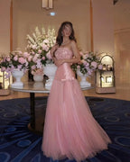 Cocoslly Strapless Sleeveless High Waist Long Prom Dress With Rhinstone | Pink Satin And Tulle CO0194