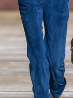 Vintage-style Western Blue Collared Faux-suede Long-sleeve Jumpsuit