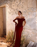 Off-The-Shoulder Strapless Sleeveless Long Pleated Mermaid Prom Dress With Sequins And Ruffle YK0709