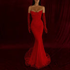 Cocoslly Strapless Sleeveless High Waist Long Mermaid Prom Dress With Rhinstone And Gloves | Smoky Silver Sequins WQ0579