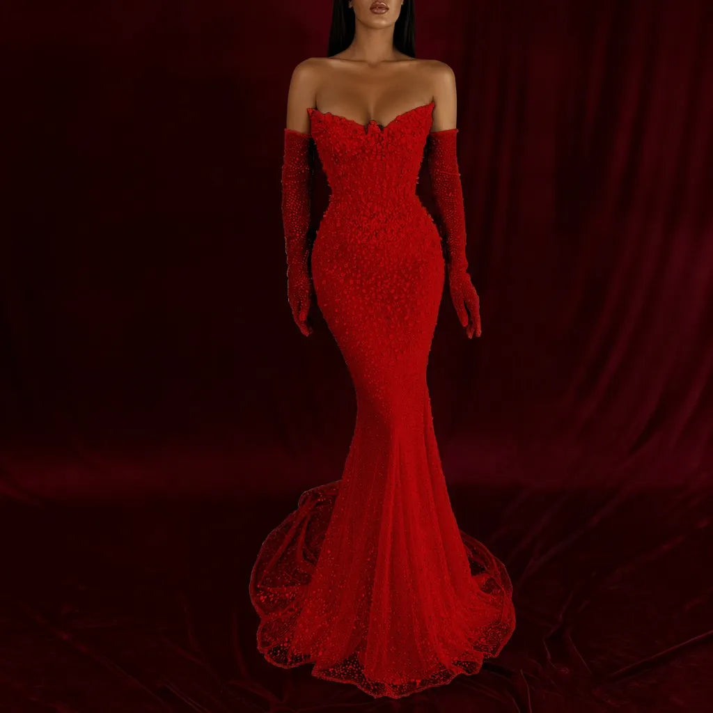 Cocoslly Strapless Sleeveless High Waist Long Mermaid Prom Dress With Rhinstone And Gloves | Smoky Silver Sequins WQ0579
