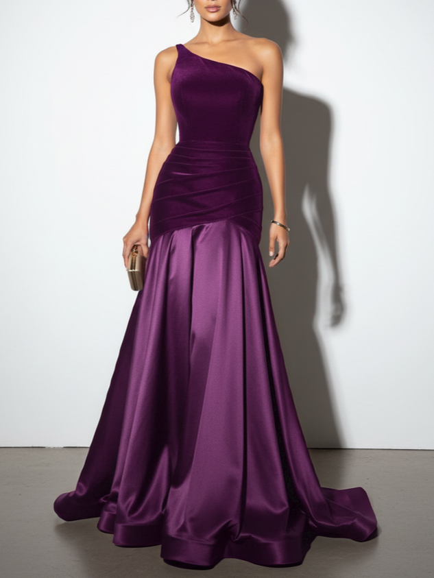 Burgundy Satin Ruched Split Joint Velvet One Shoulder Sleeveless A-Line Gown Dress