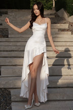 Cocosll Spaghetti Straps Sleeveless High Waist Long Prom Dress With Ruffles | Blushing Pink Satin YC0564