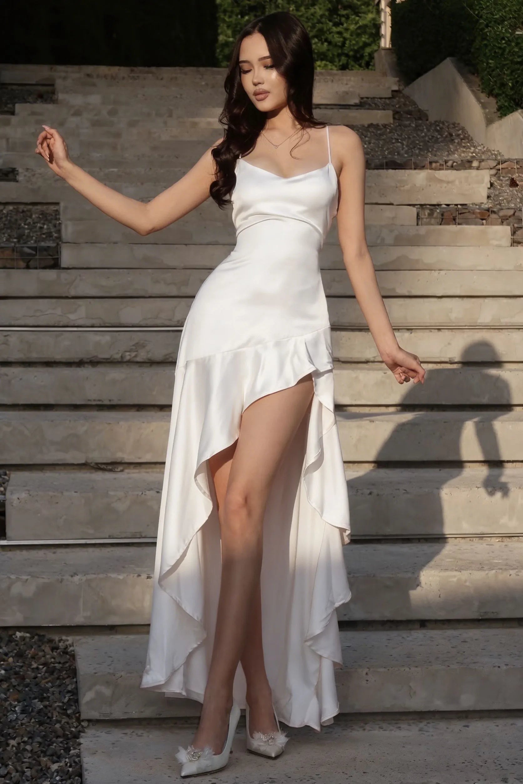 Cocosll Spaghetti Straps Sleeveless High Waist Long Prom Dress With Ruffles | Blushing Pink Satin YC0564
