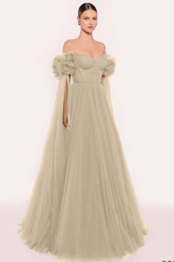 Tulle Off the Shoulder Sweetheart Long Prom Dress With Pleated WQ0206