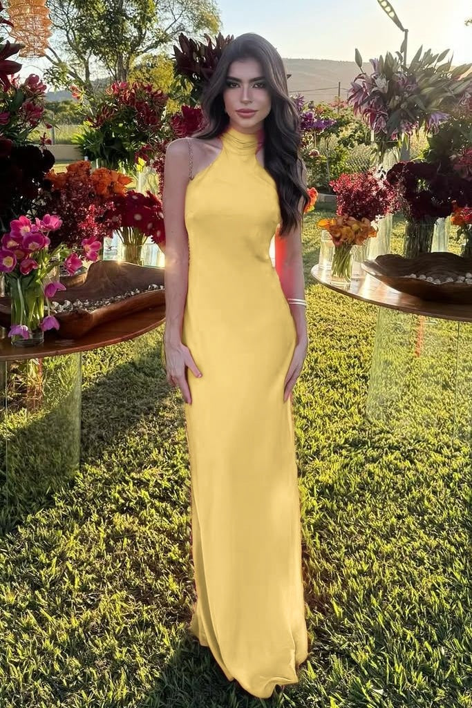 Cocoslly High Neck Sleeveless High Waist Long Mermaid Prom Dress | Fuchsia Satin XJ0757