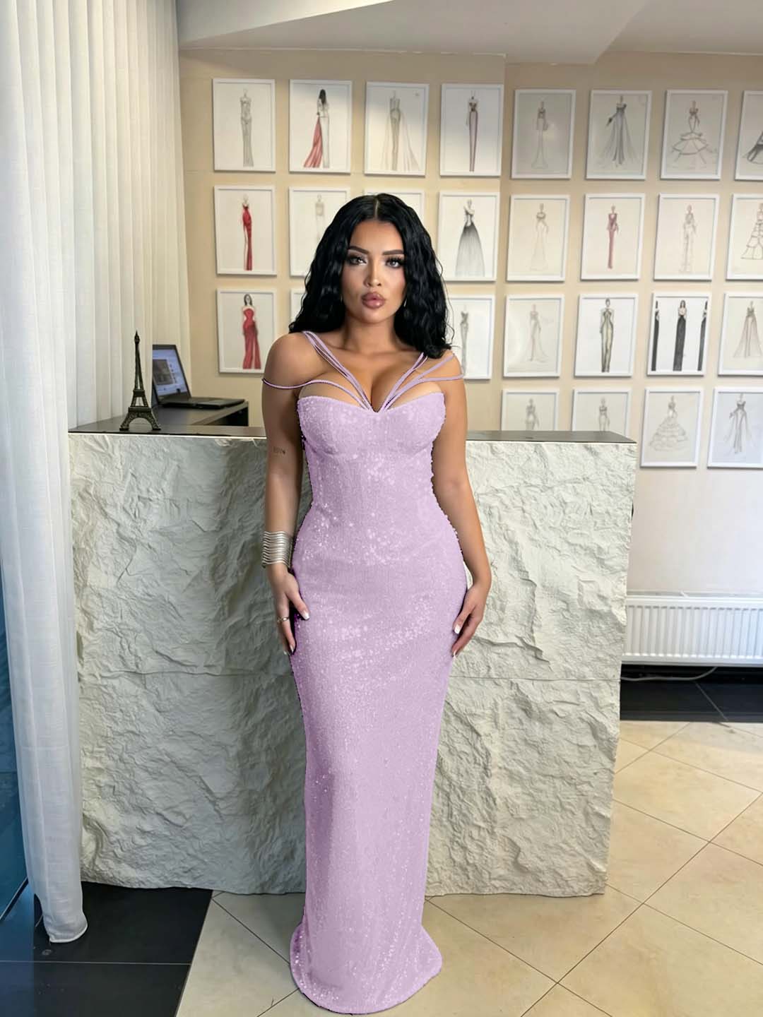 Cocoslly Spaghetti Straps Sleeveless High Waist Long Mermaid  Prom Dress | Brown Sequins YK0969