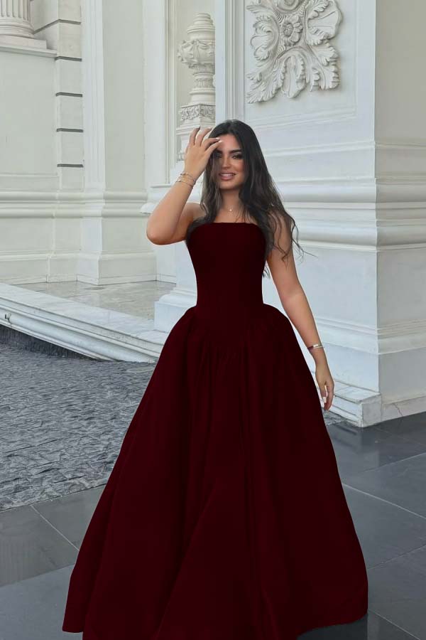 Cocoslly Simple Strapless Sleeveless Long A-line Prom Dress | Fuchsia Satin ZT0713