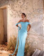 Off-The-Shoulder Strapless Sleeveless Long Pleated Mermaid Prom Dress With Sequins And Ruffle YK0709