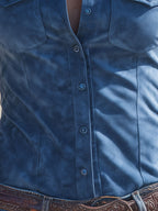 Western-style Retro Embroidered Blue Long-sleeved Faux Suede Shirt