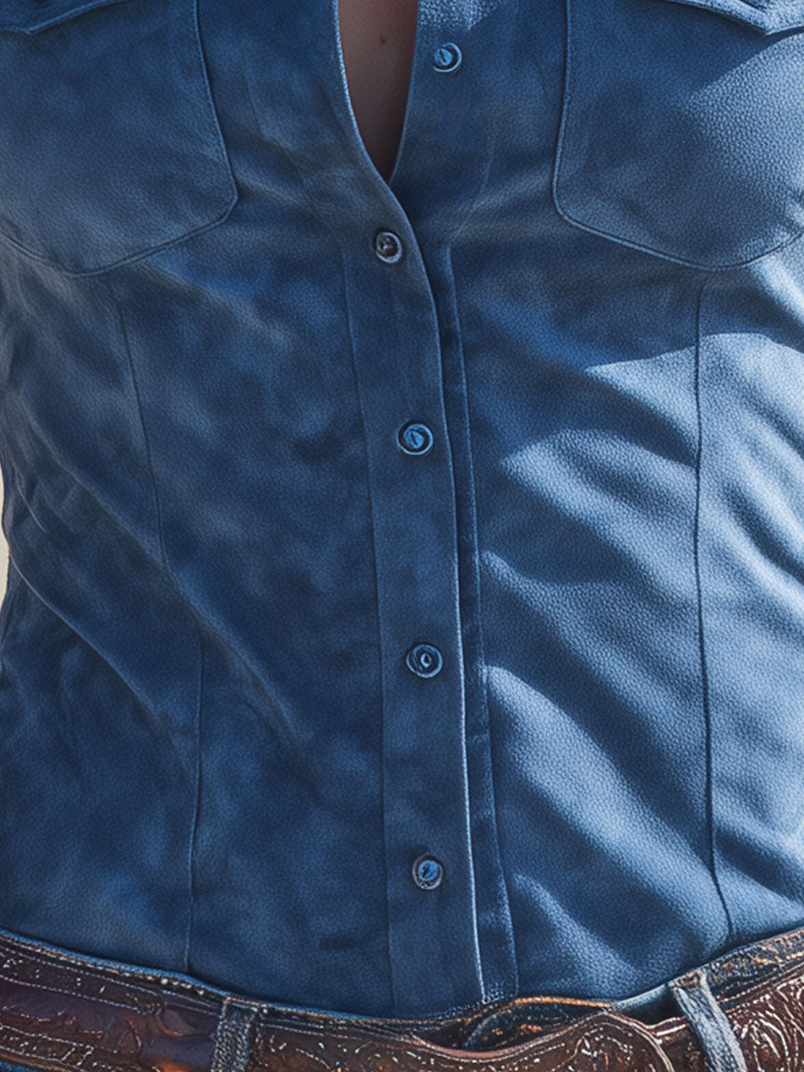 Western-style Retro Embroidered Blue Long-sleeved Faux Suede Shirt