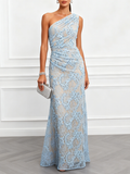 Light Blue Lace Jacquard One Shoulder Sleeveless Mermaid Floor-length Gown Dress