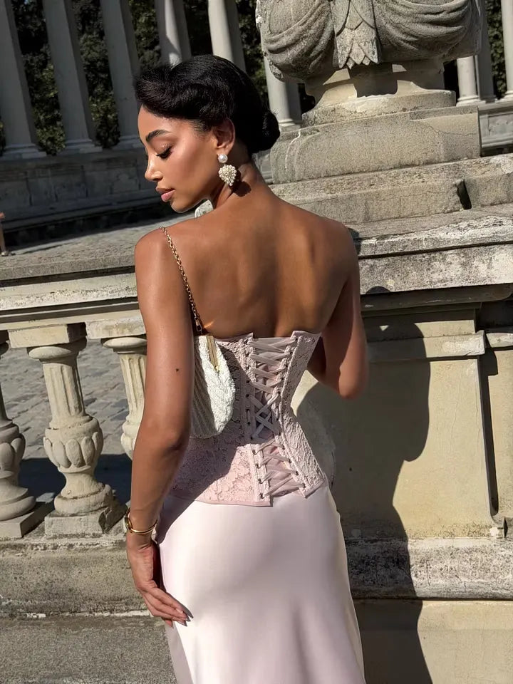 Cocoslly Strapless Sleeveless High Waist Long Prom Dress With Appliques | Pink Satin LX0113
