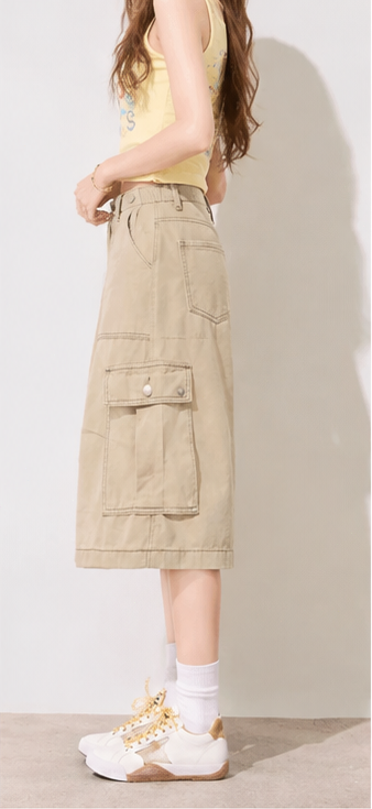 Khaki American-style loose-fitting multi-pocket cargo capri pants