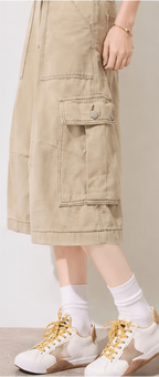 Khaki American-style loose-fitting multi-pocket cargo capri pants