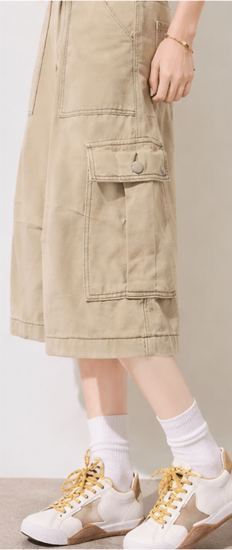 Khaki American-style loose-fitting multi-pocket cargo capri pants