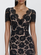 Black Lace Edge Cotton V Neck Short Sleeve Mermaid Midi Dress