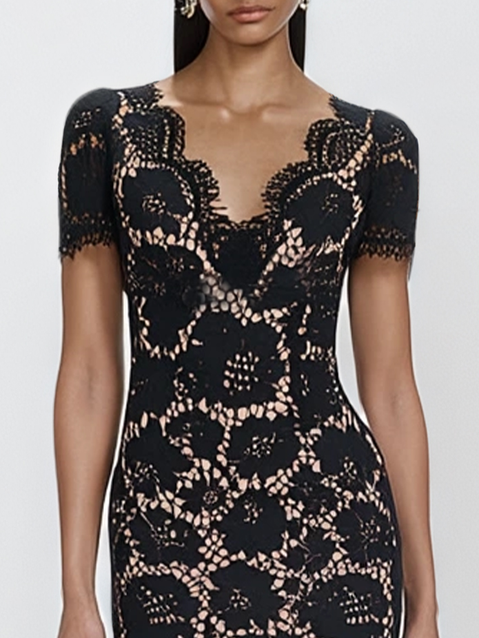 Black Lace Edge Cotton V Neck Short Sleeve Mermaid Midi Dress