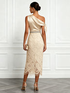 Champagne Rhinestone Bow Satin One Shoulder Short Sleeve Sheath Midi Dress
