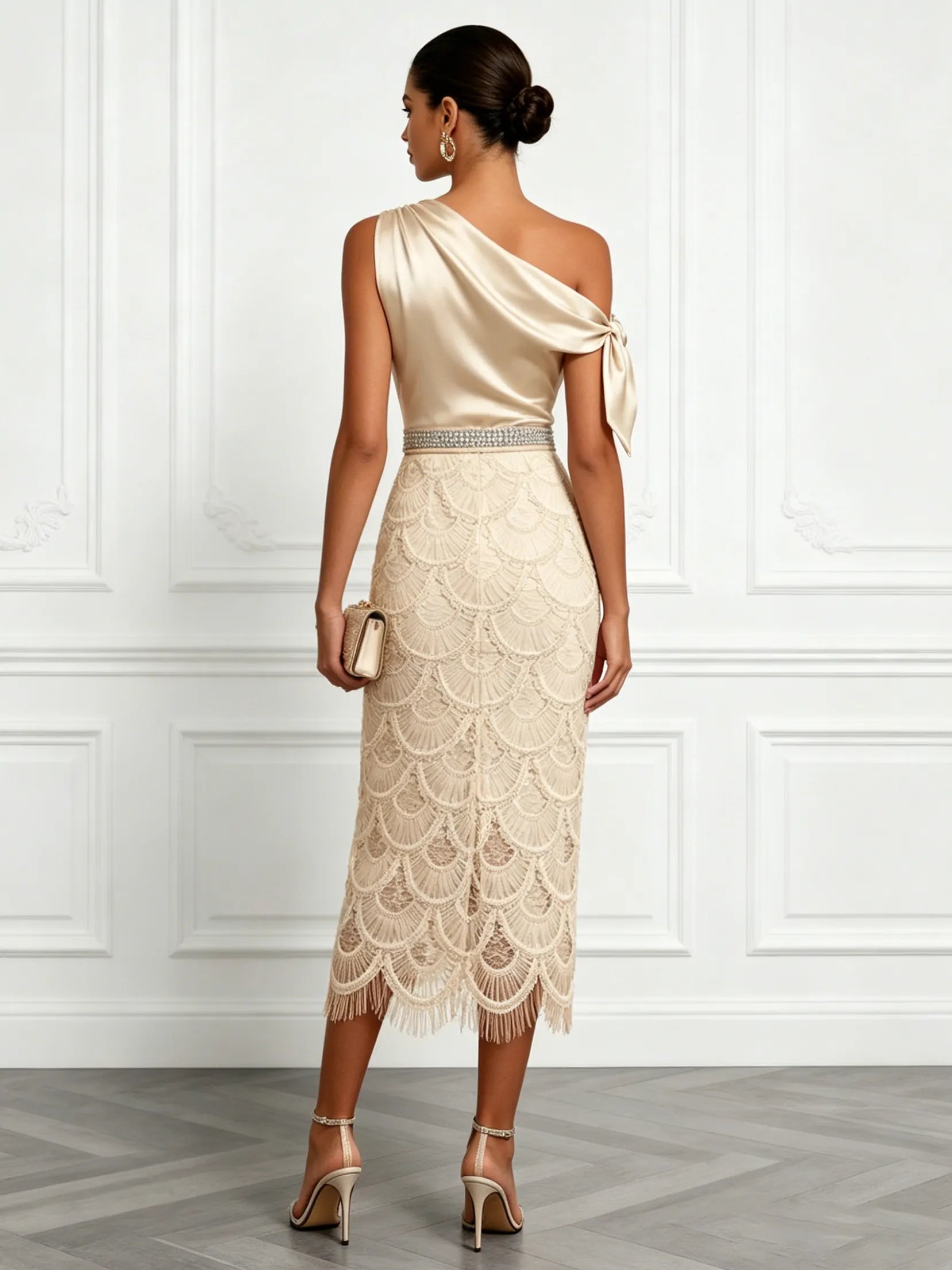 Champagne Rhinestone Bow Satin One Shoulder Short Sleeve Sheath Midi Dress