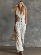 Elegant Vintage Western V-neck Front Buttons Lace Trim White Cotton Jumpsuit