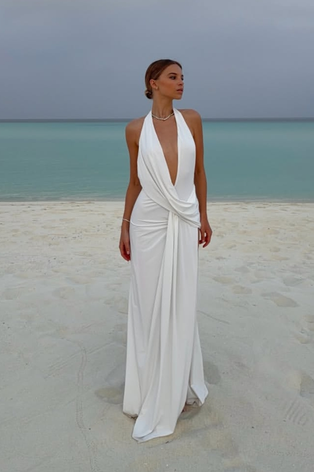 Cocoslly Halter Deep Neck Sleeveless High Waist Long Prom Dress With Pleated | White Satin CO0053