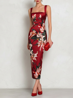 Red Floral Satin Square Neck Sleeveless Sheath Midi Dress