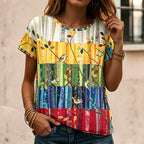 Women's Hippie Style Colorful Plant Floral Patchwork Art Cotton And Linen Short Sleeve Top