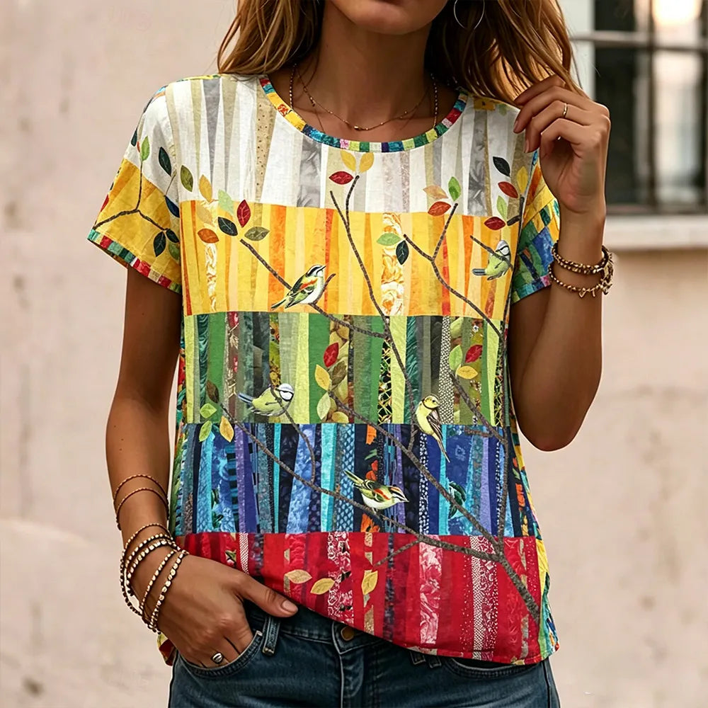 Women's Hippie Style Colorful Plant Floral Patchwork Art Cotton And Linen Short Sleeve Top