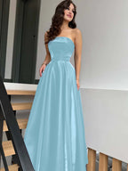 Satin Strapless Sleeveless High-Waisted Long A-Line Prom Dress With Pleated YK0638